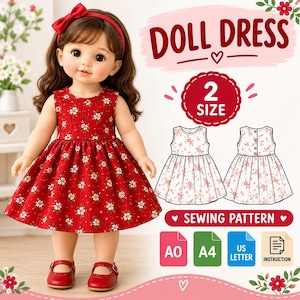 May include: A sewing pattern for a doll dress featuring a doll wearing a red floral dress with a matching headband and red shoes. The graphic includes the text DOLL DRESS, 2 SIZE, SEWING PATTERN, A0, A4, US LETTER, and INSTRUCTION with technical sketches.