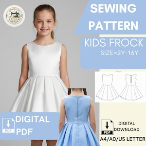 May include: A white sleeveless kids frock with a pleated skirt. The image includes a sewing pattern graphic with the text "SEWING PATTERN KIDS FROCK SIZE=2Y-16Y". Digital PDF download available.