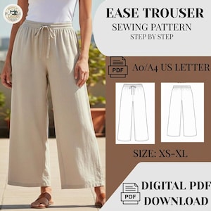 May include: Tan-colored wide-leg trousers with a drawstring waist. The image also features a sewing pattern with the text "EASE TROUSER SEWING PATTERN STEP BY STEP" and "DIGITAL PDF DOWNLOAD". The pattern is available in sizes XS-XL.