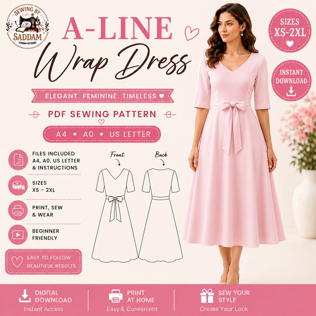 A Line Maxi Wrap Dress Sewing Pattern PDF | V Neck Linen Dress | Tie Waist Dress Pattern | XS-2XL | A4 A0 US Letter