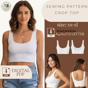 Mönster för sömnad av kort topp i PDF-format, Damkort topp xS-xl, Sommartopp DIY-mönster, A4 A0 US Letter utskrivbar