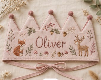 Corona di compleanno per bambini personalizzata con ricamo a mano, corona in lino con nome personalizzato, cappellino per feste per bambini piccoli, regalo per il primo compleanno, ricordo fatto a mano, accessorio per feste