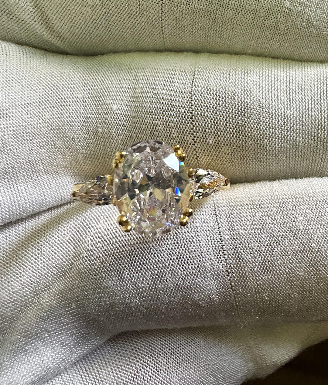 Oval Cut Moissanite Engagement Ring, Pear Side Diamonds, 14k Yellow ...