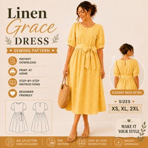 Linen Grace Dress Sewing Pattern | Waist Tie Midi Cottage core Beginner (Instant Download)