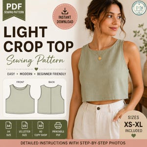 Light Crop Top Sewing Pattern PDF, Women's Tank Top Pattern, Easy Beginner Sewing Pattern, Sleeveless Summer Top, A4 US Letter A0