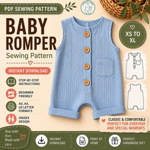 Puede incluir: Un patrón de costura para pelele de bebé a rayas azul claro con diseño sin mangas, un bolsillo en el pecho y cuatro botones redondos de madera. El documento digital incluye texto como PDF SEWING PATTERN, BABY ROMPER y tallas XS a XL.