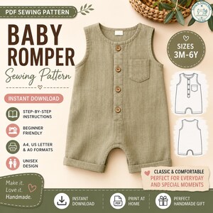 Naaipatroon babyromper PDF | Patroon playsuit voor peuters | Uniseks babyjumpsuit | Direct downloaden | A4, US Letter en A0-formaten: 3 M-6 jaar