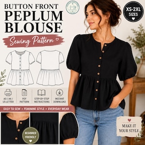 Può includere: Un cartamodello per una blusa peplum nera con bottoni frontali, maniche corte a sbuffo e scollo rotondo. L'immagine include disegni tecnici del davanti e del dietro, le taglie XS-2XL e icone per il download del file PDF.