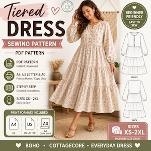 May include: A tiered dress sewing pattern featuring a beige fabric with a small floral print, long sleeves with cuffs, and a button-front placket. The pattern includes PDF instructions, A4, US Letter, and A0 print formats for sizes XS to 2XL.