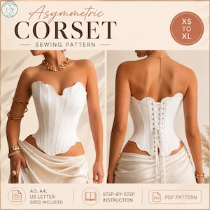 Patrón de costura de corsé asimétrico / Top bustier con cordones en PDF (Descarga instantánea)