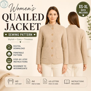 May include: A digital sewing pattern for a beige jacket with a mandarin collar, five front buttons, and two patch pockets. The text reads Women's QAILED JACKET, SEWING PATTERN, DIGITAL DOWNLOAD, PRINTABLE PATTERN, STEP-BY-STEP INSTRUCTIONS, XS-XL SIZES INCLUDED.