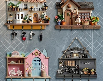 Llavero miniatura de madera en capas - Decoración de pared con diseño de casita de flores - Adorno colgante de madera ilustrado en 2D