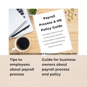 May include: A Payroll Process & HR Policy Guide, a simple guide for business owners, consultants, and employees. The guide is on a white paper with text and is next to a laptop, coffee cup, and a small plant. The text "Editable in Canva | Instant Download | Printable PDF" is also visible.