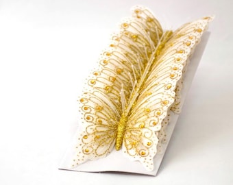 White Gold Glitter Monarch Butterfly Decorations, Set of 12, Wedding Cake Topper, Baby Shower