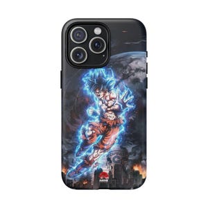 May include: Black phone case with a vibrant illustration of a character with spiky hair and blue energy. The design includes a cityscape and the words "CAPSULE" and "ANIME". The case is designed to fit a smartphone.