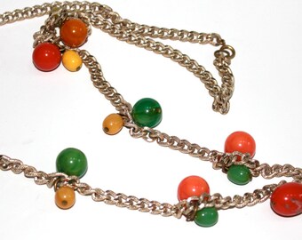 Vintage Lucite Beaded Necklace, Gold Chain, 1960's, Orange, Green and Yellow Lucite Baubles