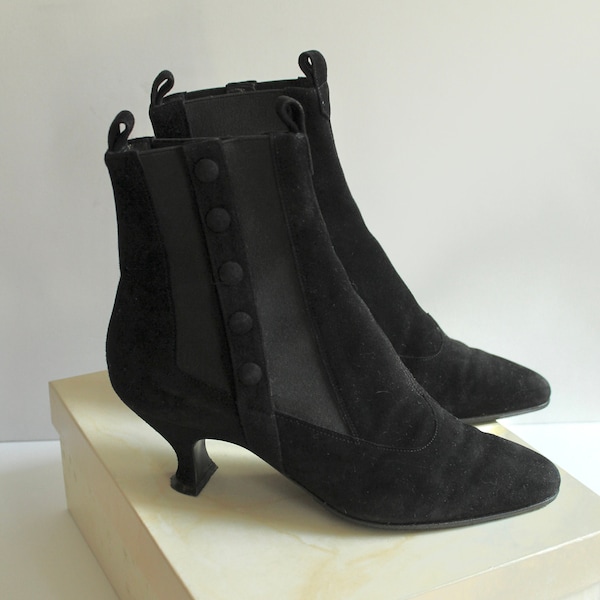 Peter Fox Victorian Style Ankle Boots, Women's Size 7-7 1/2, Black Suede Made in Italy, Louis Heels, Edwardian