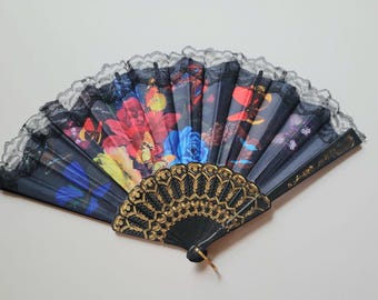 Vintage Folding Hand Fan, Black with Lace Trim and Butterfly and Flower Print