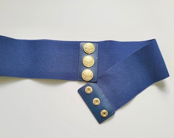 Vintage  Stretch Elastic Waist Belt, Navy Blue with Gold Buttons, 1960's,