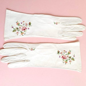 Vintage White Kid Leather Gloves with Embroidery, 1950&#39;s French