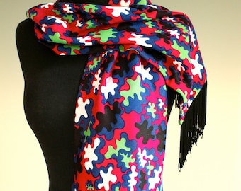 1970's Colorful Patterned Scarf with Fringe, Fun, Mod, Psychedelic