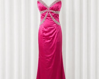 y2k hot pink satin beaded maxi dress sean couture prom gown