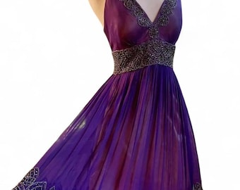 Vintage Caché purple silk beaded halter dress