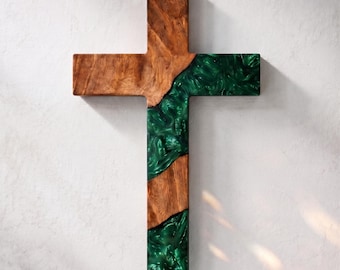 Cruz de nogal personalizada, decoración cristiana de pared grabada en resina epoxi, regalo religioso