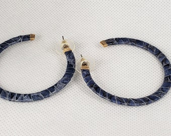 Blue leather wrapped hoop earrings