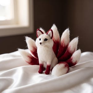Needle Felted Nine Tailed Fox, White Woolen Kitsune Doll, Red Accents, Anime Desk Decor