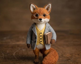 Figura de zorro de fieltro de aguja, animal del bosque retro con libro, decoración original para estantes.
