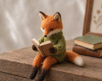 Handmade Fox Reading Book Doll, Needle Felt Fox Figurine, Whimsical Storytelling Animal, Cozy Woodland Decor Gift