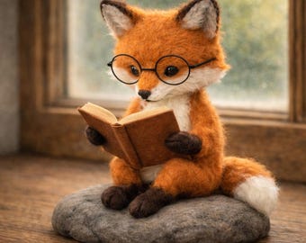 Figura de zorro leyendo un libro, zorro de fieltro hecho a mano, decoración acogedora con animales, regalo para amantes de los libros, zorro del bosque