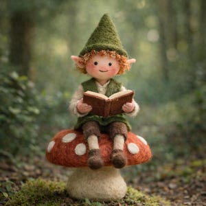 May include: A whimsical felted elf doll with red hair and a green hat, vest, and shorts, reading a brown book while seated on a red mushroom with white spots. The doll is set against a blurred forest backdrop.