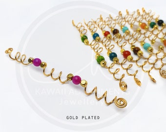Double gemstone spiral hair wrap, dreadlocks bead, gold plated hair wrap for dreadlocks or braids, loc jewelry, dread beads