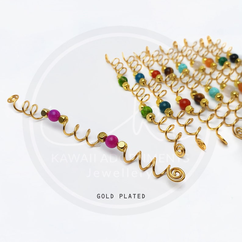 Double gemstone spiral hair wrap, dreadlocks bead, gold plated hair wrap for dreadlocks or braids, loc jewelry, dread beads image 1