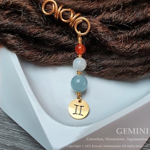 Gold Plated – Gemini Zodiac Loc Jewellery – Gemstones & Charm for Dreadlocks and Braids