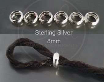 Medium 925 Sterling Silver 8mm Loc rings, pack of 6, loc beads, hair beads, loc jewelry, dreadlocks beads, braid beads, tube beads