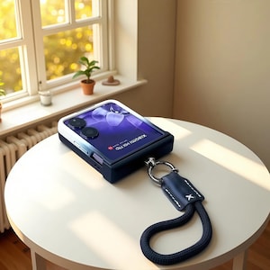 Könnte beinhalten: Ein zusammengeklapptes Smartphone mit einem weißen und marineblauen Gehäuse, das ein lila-blaues Bild anzeigt. Eine marineblaue Handschlaufe mit einem silbernen Ring ist befestigt. Das Telefon liegt auf einem weißen Tisch in der Nähe eines Fensters.