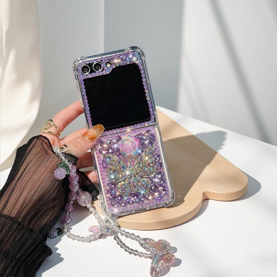Luxury Crystal Butterfly Case For Samsung Galaxy Z Flip 7 6 5 4 3 Pearl Wrist Strap Cover