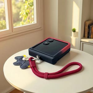 May include: A navy blue and red phone case with a matching wrist strap and a decorative charm. The phone case has two camera lenses and is sitting on a white table. The wrist strap is a deep red color.