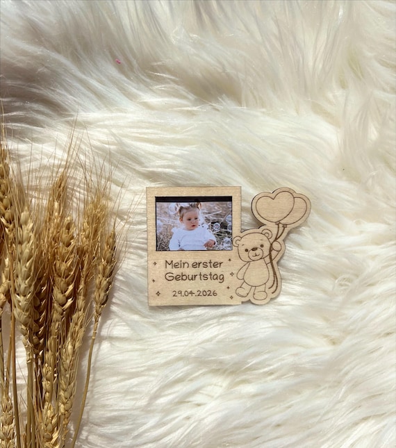 Gastgeschenke Geburtstag Bär personalisiert Holz Magnet mit Foto Erinnerung Geschenk Taufe Kommunion Geburtstag Baby Geschenk