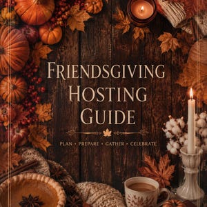 Può includere: Una guida all'organizzazione del Friendsgiving con il testo FRIENDSGIVING HOSTING GUIDE e PLAN • PREPARE • GATHER • CELEBRATE, circondata da zucche, foglie autunnali, una candela accesa, una torta, una tazza di caffè e una candela bianca.