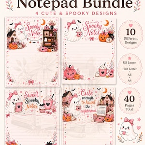 May include: A printable notepad bundle featuring four distinct pages with pink and orange Halloween-themed illustrations of ghosts, pumpkins, and mugs. The text includes Printable Notepad Bundle, 4 Cute & Spooky Designs, 10 Different Designs, 40 Pages Total, and The Hidden Plan.