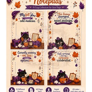 May include: Four rectangular notepads featuring black cats in purple knit hats and blankets, surrounded by autumn leaves. Each notepad includes lined paper and text such as My fall glow is mostly cold medicine and The leaves changed, so did my nasal passages.