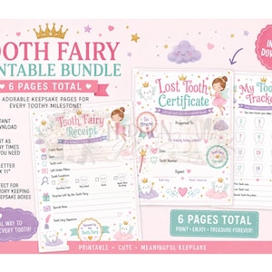 May include: A Tooth Fairy printable bundle featuring six pages including a receipt, a lost tooth certificate, and a tooth tracker. The documents are decorated with illustrations of a fairy, teeth, crowns, and clouds in pink, blue, and gold colors.