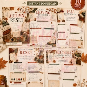 May include: A digital planner set titled Autumn Reset featuring 10 pages total. The pages include sections for leaving summer, a fall routine reset, a closet and wardrobe reset, and a list of fall activities, all decorated with autumn leaf motifs.