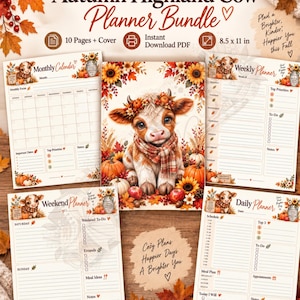 Op de afbeelding: Een digitale plannerbundel genaamd The Hidden Plan Autumn Highland Cow Planner Bundle, met 10 pagina's en een omslag in 21,59 x 27,94 cm formaat. De set bevat een maandkalender, weekplanner, weekendplanner en dagplanner.
