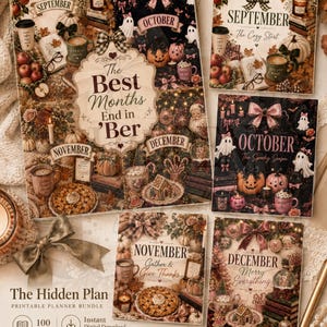 Puede incluir: Un paquete de planificadores imprimibles titulado The Hidden Plan con ilustraciones estacionales para septiembre, octubre, noviembre y diciembre. Los diseños incluyen calabazas, hojas de otoño, fantasmas, dulces festivos y decoraciones con etiquetas de texto.