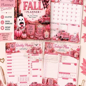 May include: An 18-page fall-themed digital planner bundle featuring pink and autumn-inspired graphics. The pages include a monthly calendar, weekly planner, and daily schedule, decorated with illustrations of ghosts, pink trucks, pumpkins, and candles.
